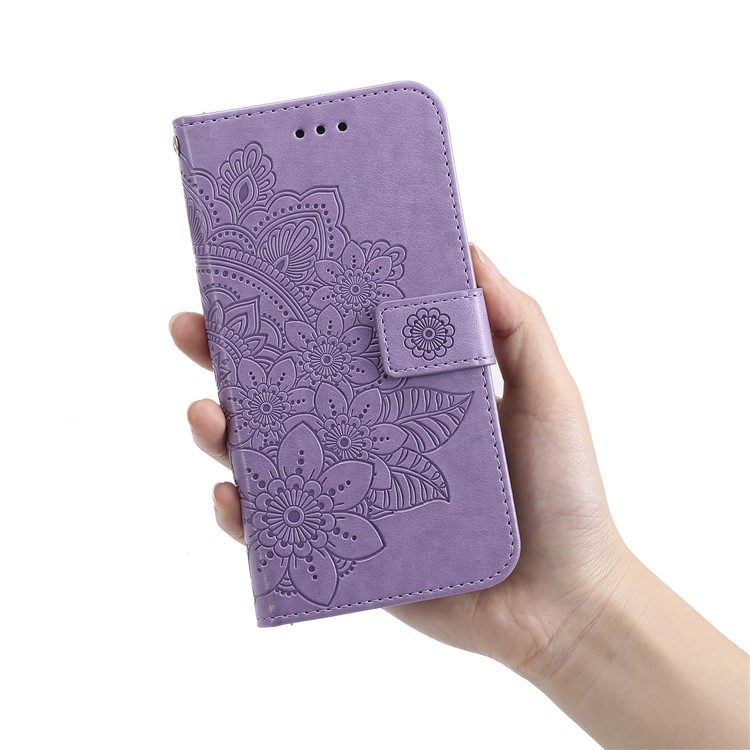 iPhone 16e Leder Tasche Wallet - Mandala Flowers Imprint - Lila