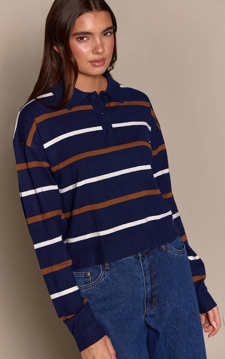 Bleu Marine Polo En Maille Rayée À Manches Longues Style Rugby