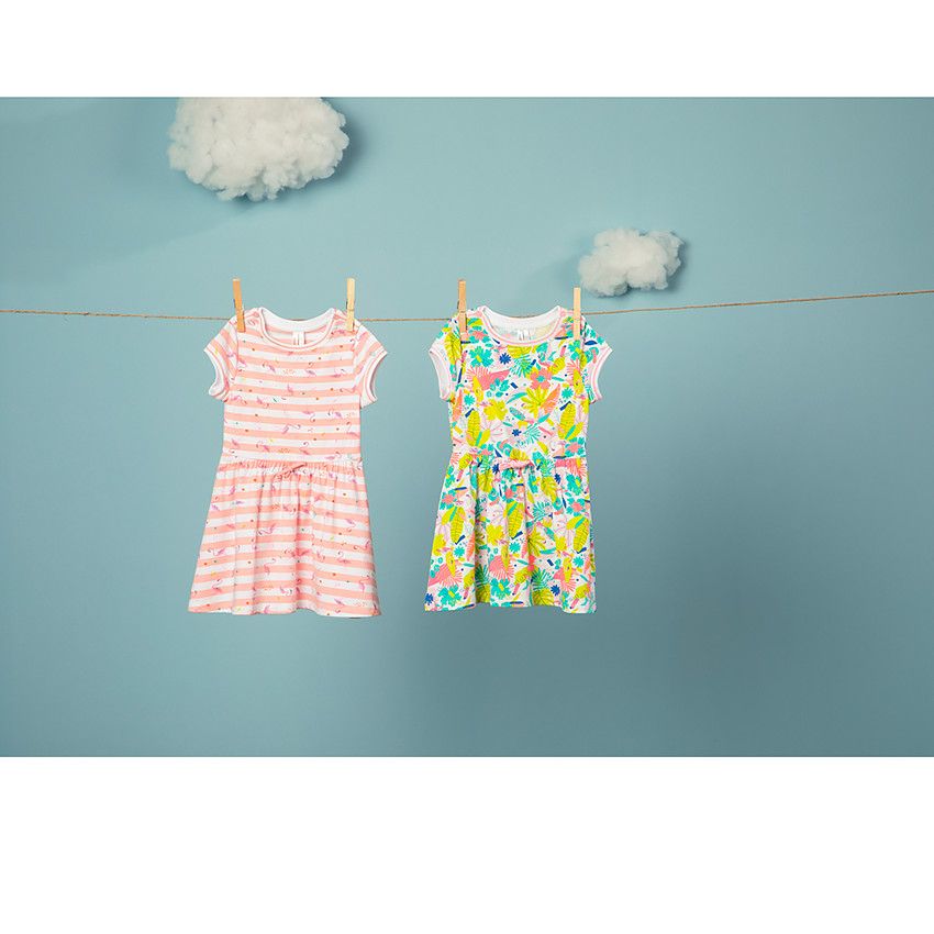 Robe manches courtes à rayures et imprimé flamants roses pour bébé fille - Blanc