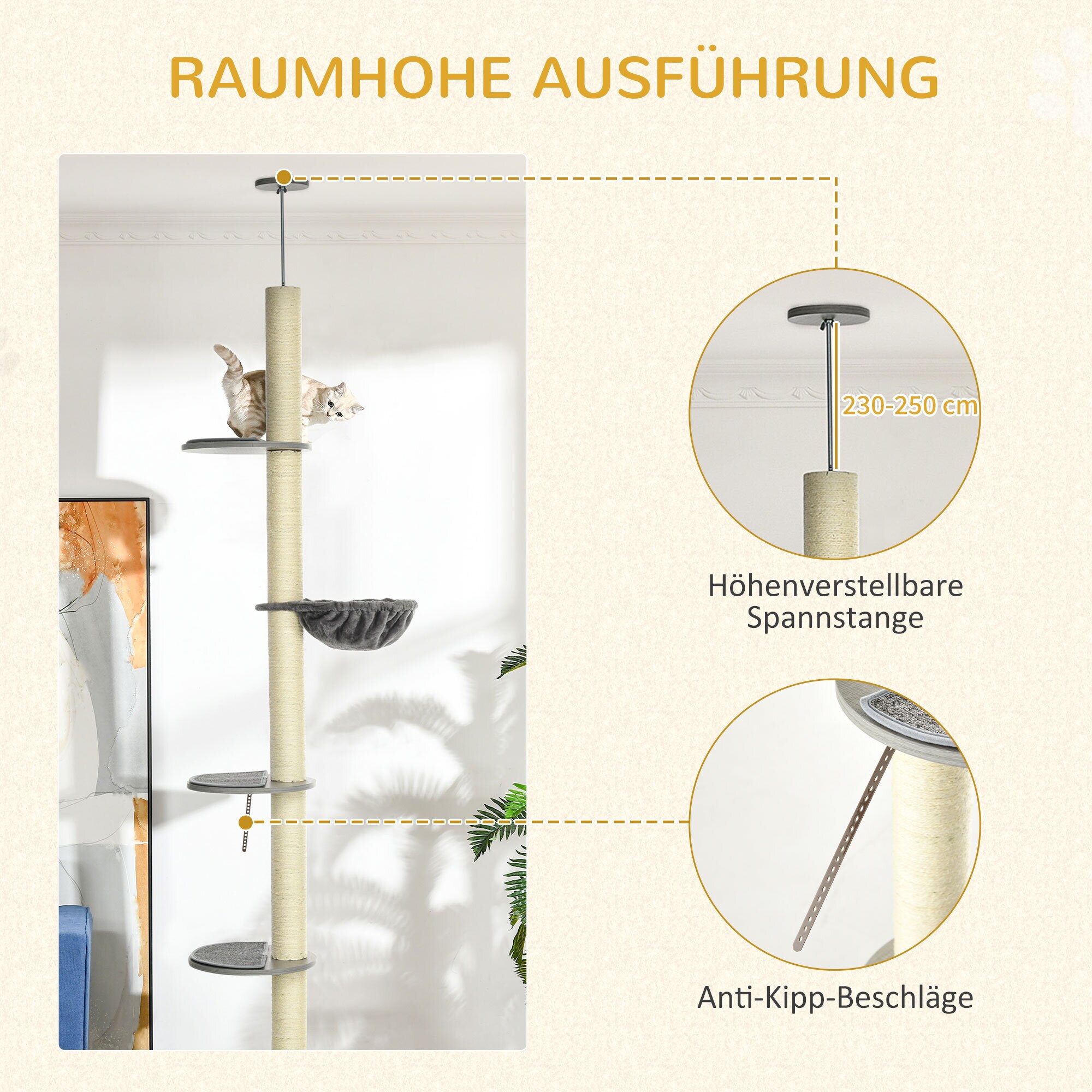 PawHut Deckenhoherkratzbaum mit Hängematte grau, natur 40L x 40B x 230-250H cm