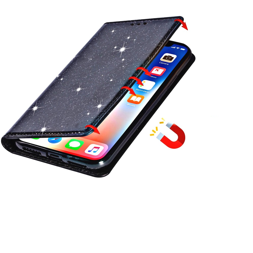 Samsung Galaxy S25 Edge Flip Wallet Cover Leder Tasche Glitzer Optik - Schwarz