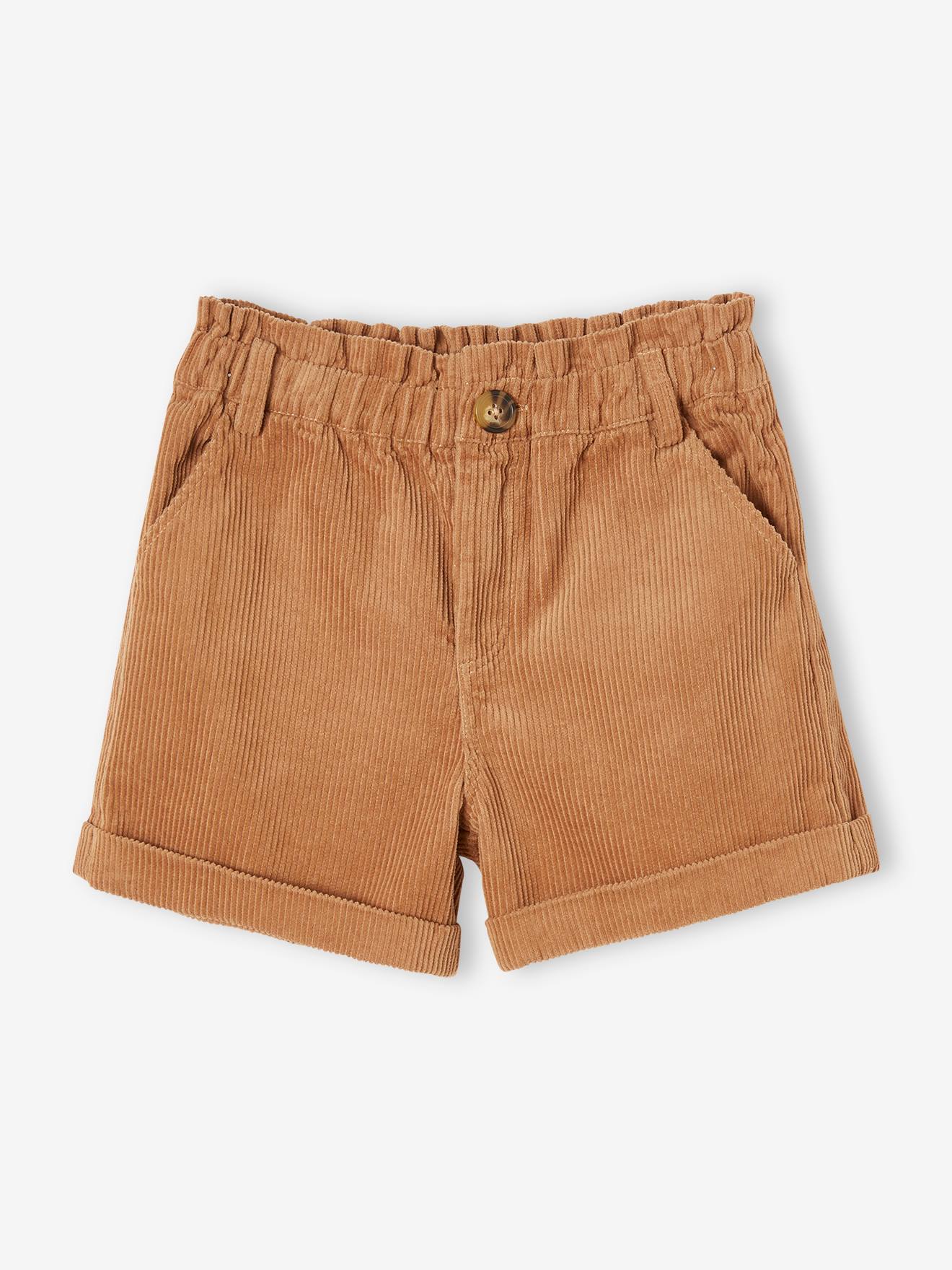 Calça curta de veludo cotelê, estilo paperbag, marrom médio, lisa.