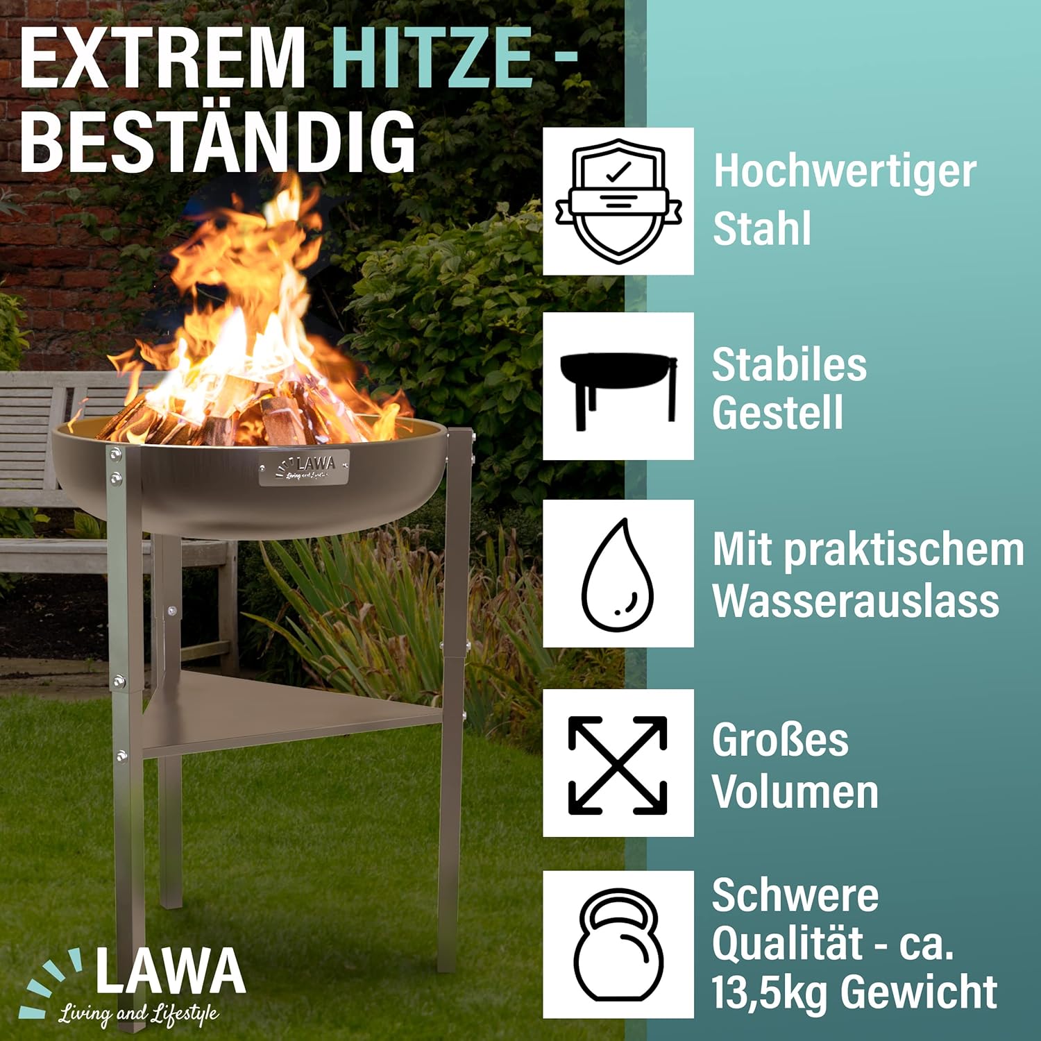 Edelstahl Feuerschale 60cm V2A / 304 18/8 Stahl 3 Höhen Set Abdeckhaube Feuerrost Feuerhaken Klöpperboden Feuerstelle Outdoor Grill Terrassenfeuer Rund Dreibein Garten Grillschale Feuerkorb Terrasse