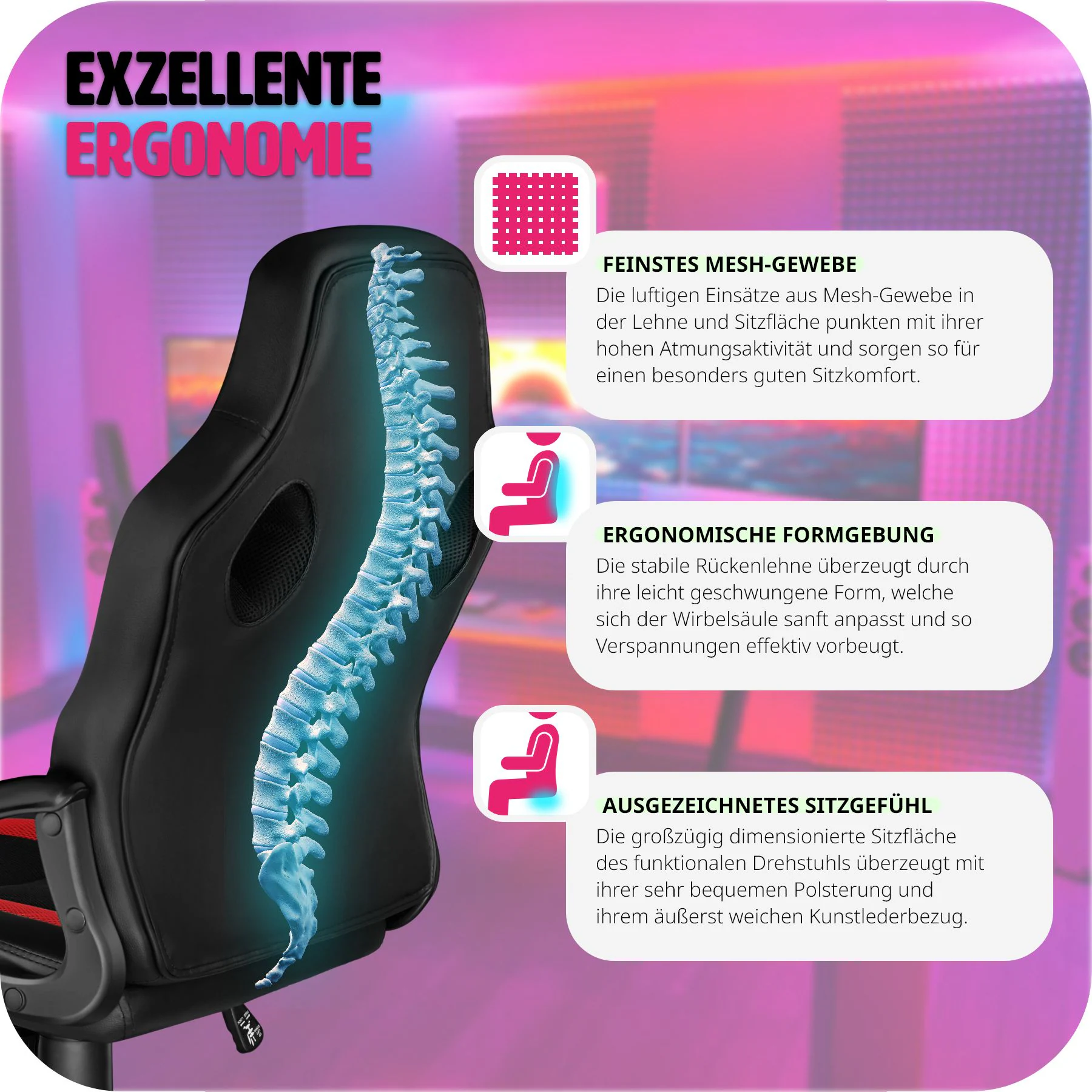 tectake® Bürostuhl, ergonomische Form, Kunstlederbezug mit Mesh-Gewebe, stufenlos höhenverstellbar
