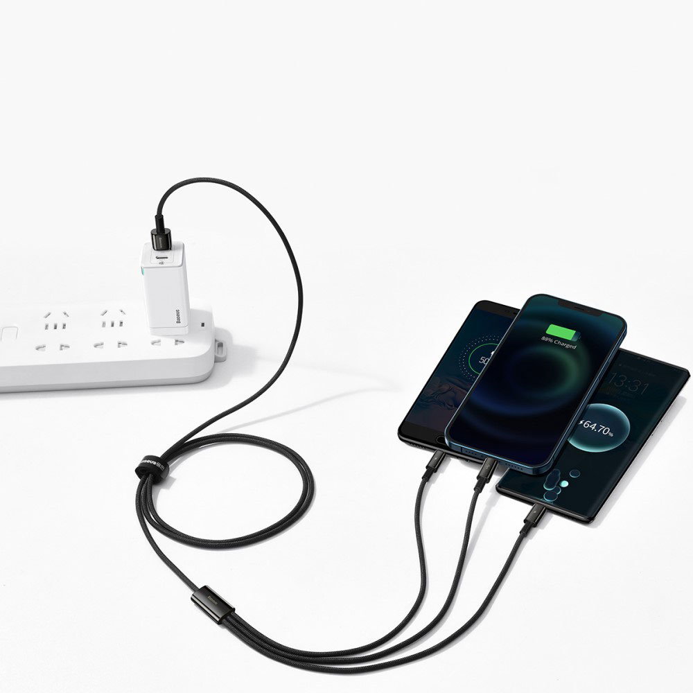 (1.5m) 3.5A 3in1 USB A auf Lightning / Micro USB / USB C Ladekabel Nylon Geflecht - Schwarz (Hochglanz)