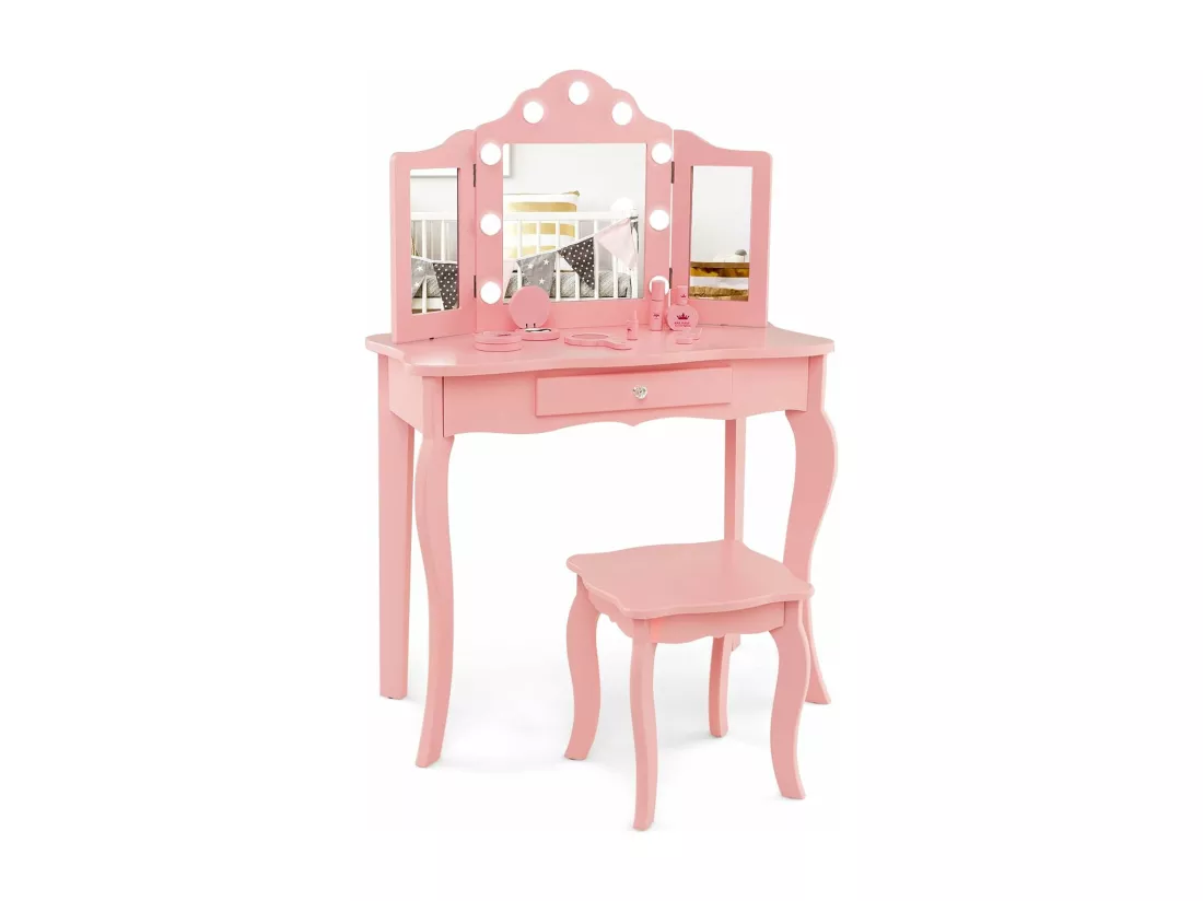 2 en 1 Coiffeuse Enfants et Tabouret avec Miroir Amovible à Trois Volets & Lumières LED, Table de Maquillage Princesse avec Tiroir de Rangement, Bureau Enfants de 3 Ans+, 70x34x103CM(Rose)