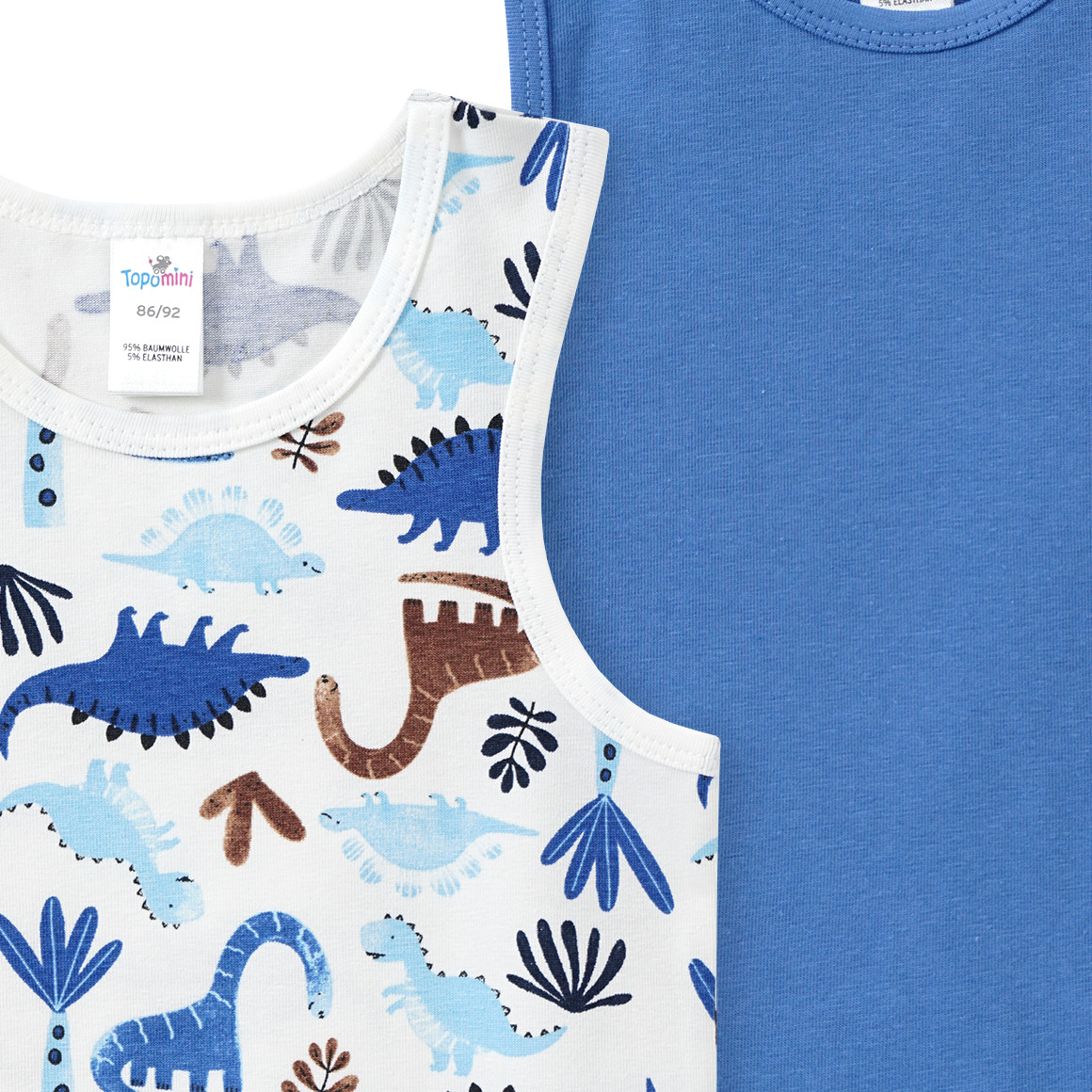 Topomini 2 Baby Unterhemden mit Dino-Motiv weiss / blau / braun