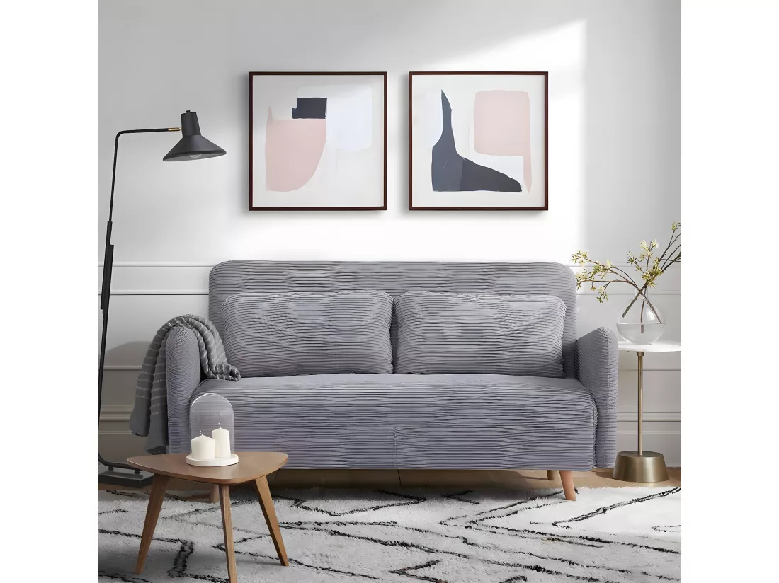 Canapé-lit BZ 2 places pour couchage d’appoint taille 145 x 190 cm en velours côtelé gris et pieds en bois massif - ARI