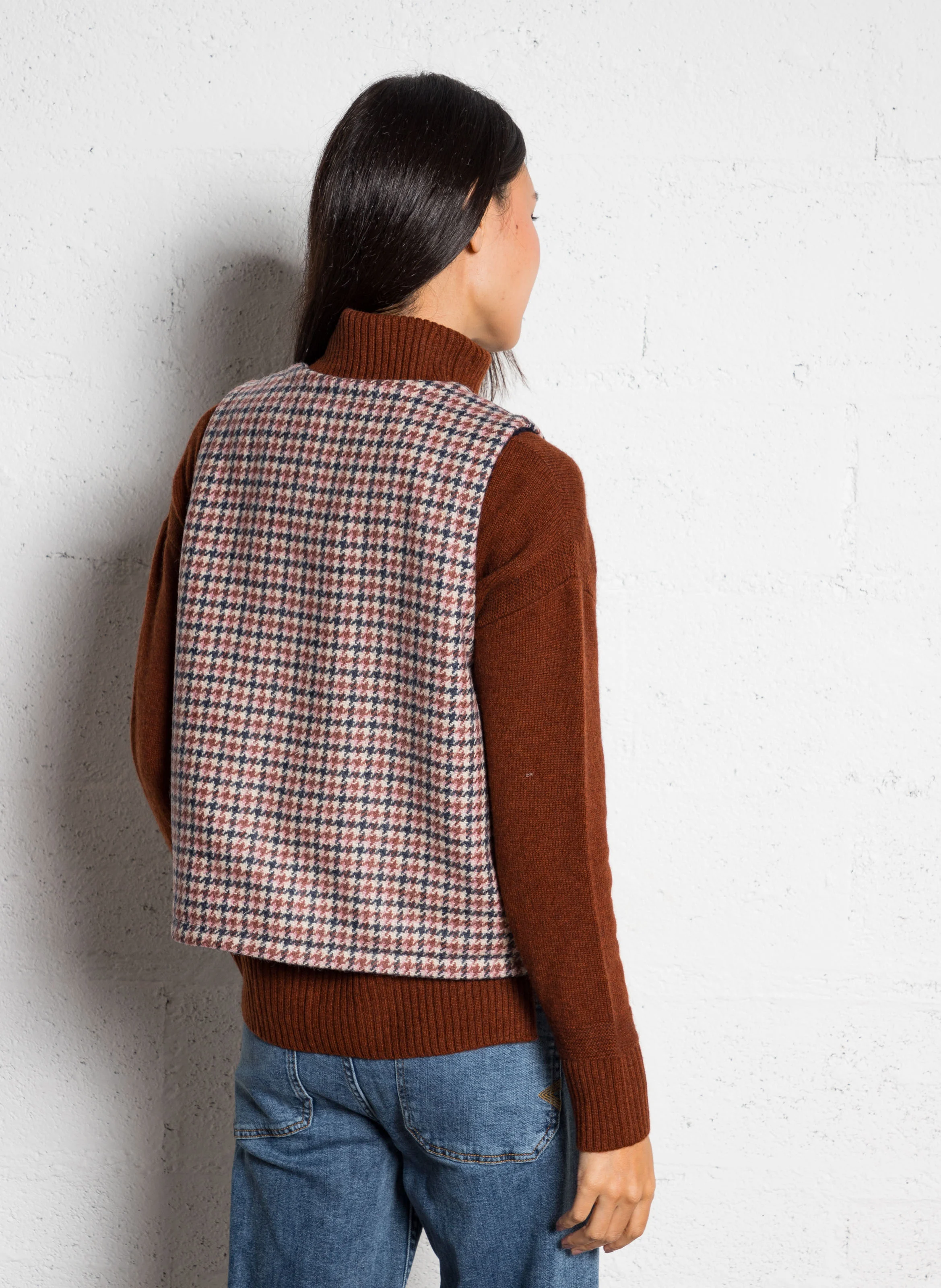 SOLINE - Veste col rond motif pied de poule | Rose