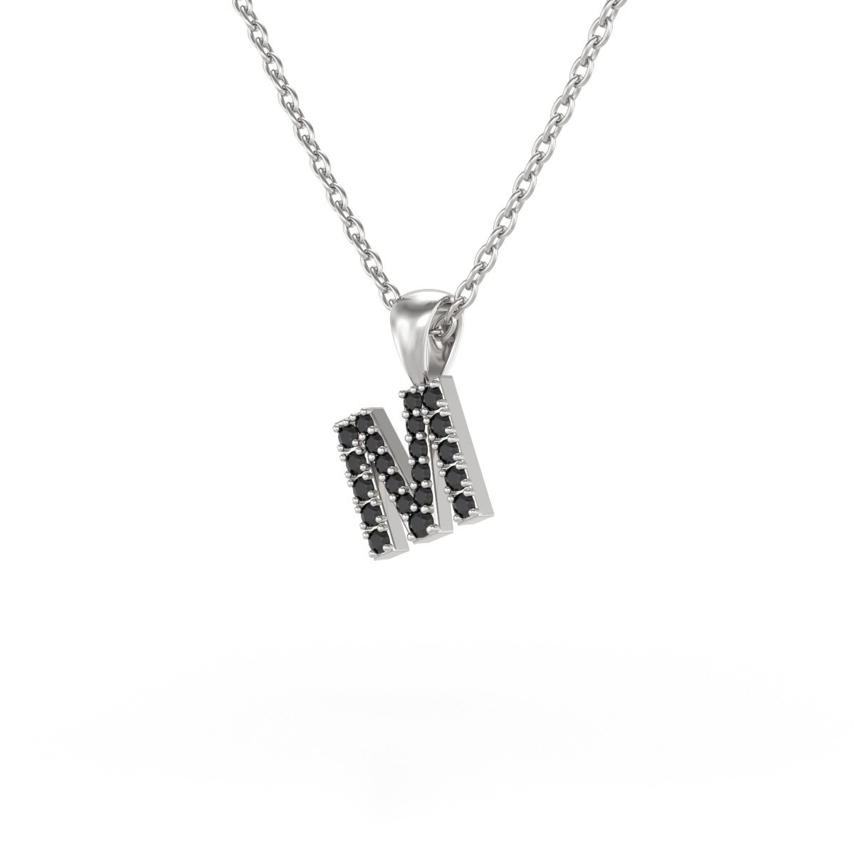 Collier Pendentif ADEN Lettre M Or 750 Blanc Diamant Noir Chaine Or 750 incluse 0.72grs
