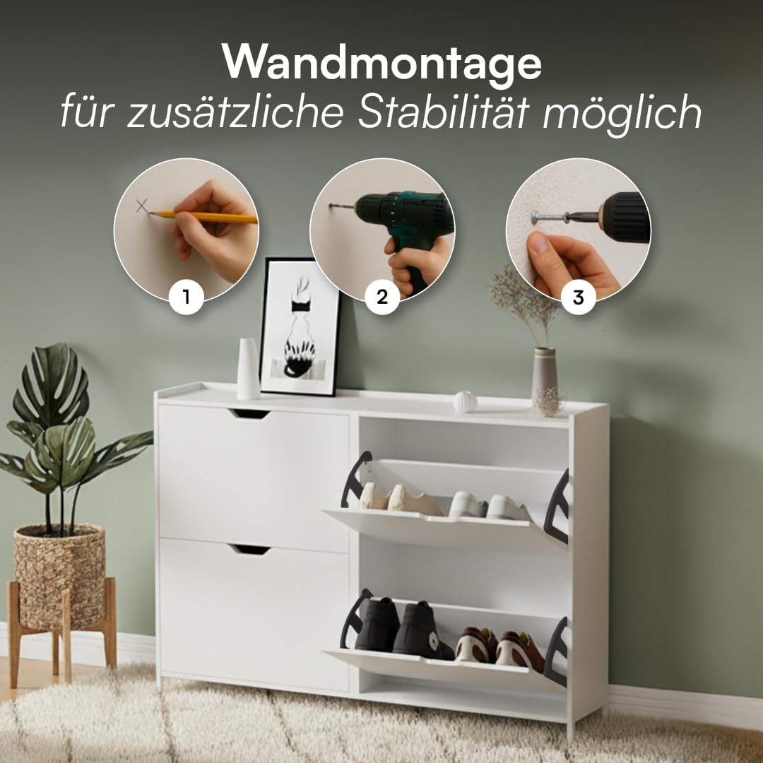 Bellamio Ceyhan Schuhschrank mit 4 Klappen – Schuhkipper weiß aus Holz – Schuhregal schmal 100x19x90cm – platzsparender Flurschrank mit 4 geschlossenen Fächern – Schuhkommode für Flur/Garderobe