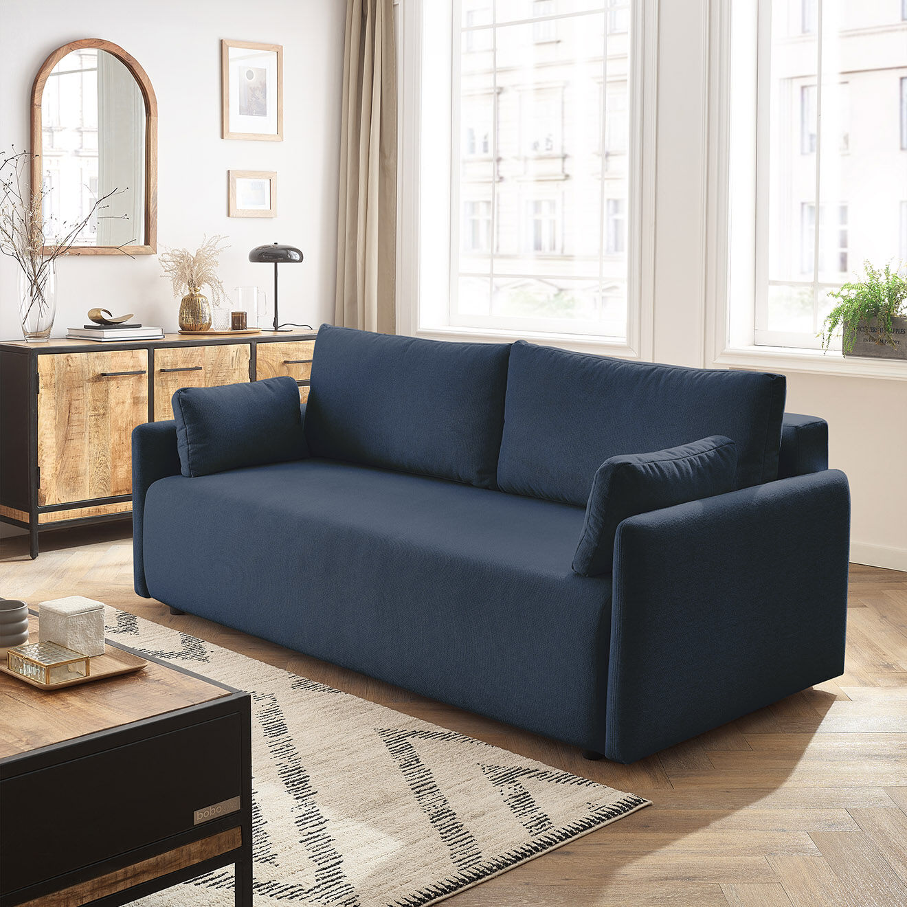Bobochic Canapé droit convertible coffre marcel tissu lisse bleu foncé - 211x100x86 cm