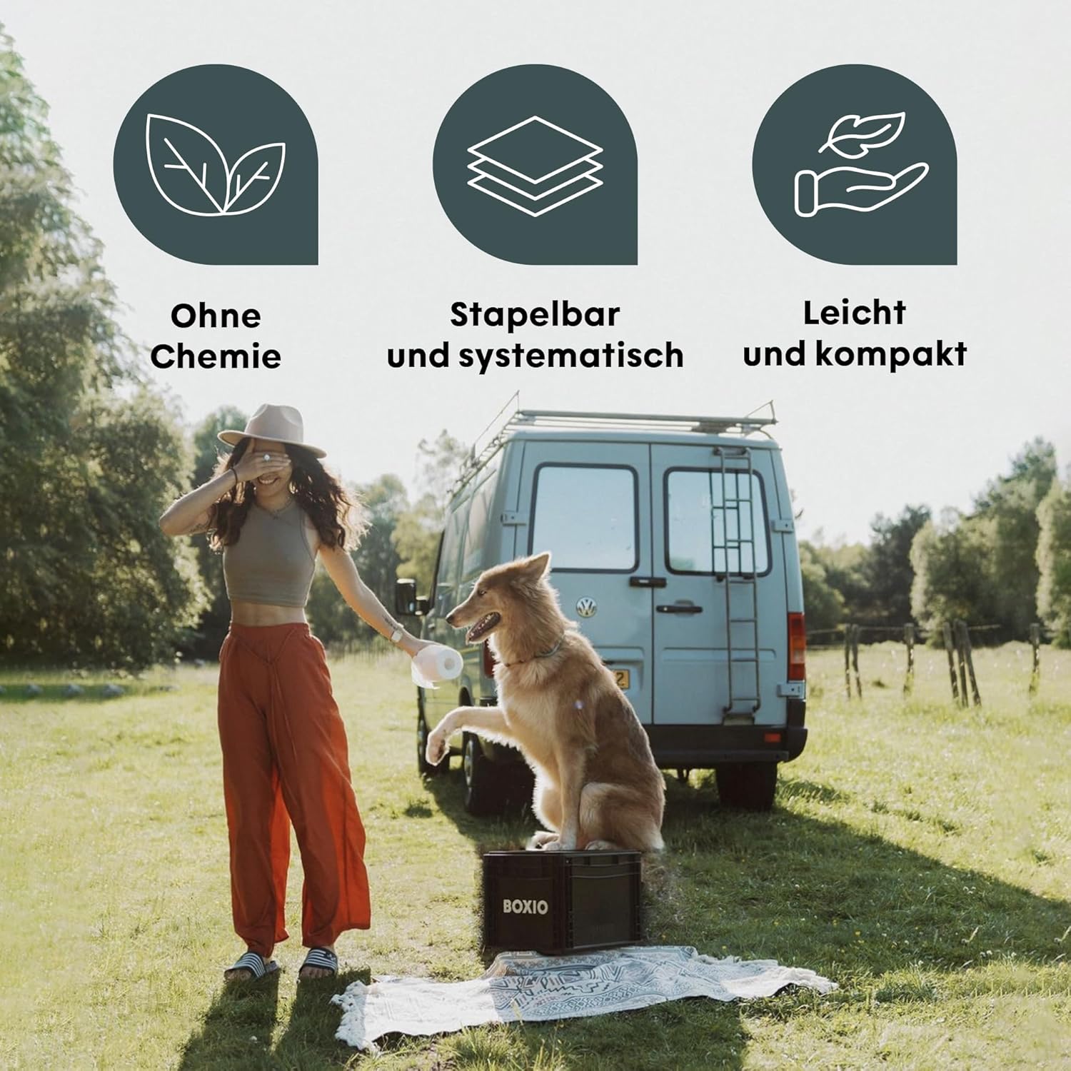 BOXIO - TOILET: Campingtoilette 40x30 kompakt, mobile Trockentrenntoilette ohne Chemie für Camping, Van, Outdoor, Dachzelt: Toilette auf Eurobox Basis ohne Strom für unterwegs, schwarz