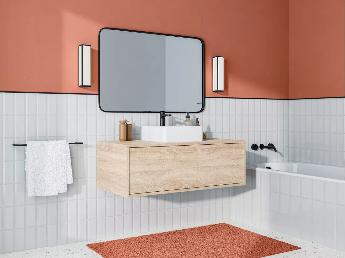 Meuble de salle de bain suspendu coloris naturel clair avec simple vasque carrée - 94 cm - TEANA II