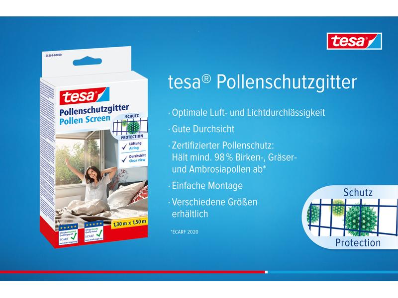 tesa Pollenschutzgitter 130 x 150 cm, Anthrazit-transparent Zuschneidbarer, transparenter Pollenschutz für Allergiker