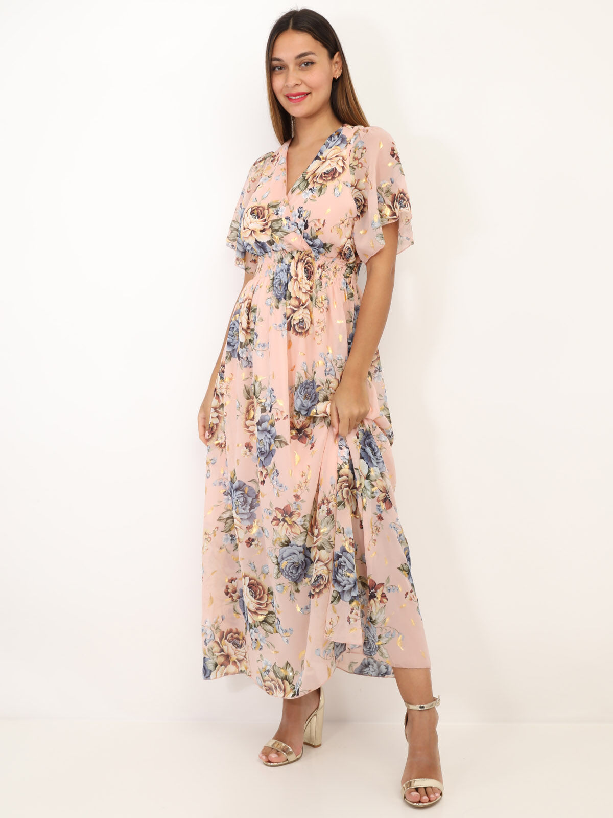 Robe longue cache cœur à fleurs- Rose