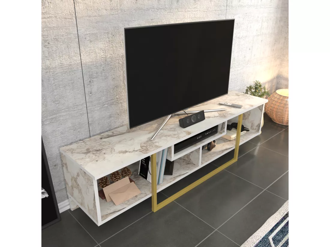 Meuble TV de 150 cm Asal, Cadre en métal, reversible (Effet marbre blanc et doré)