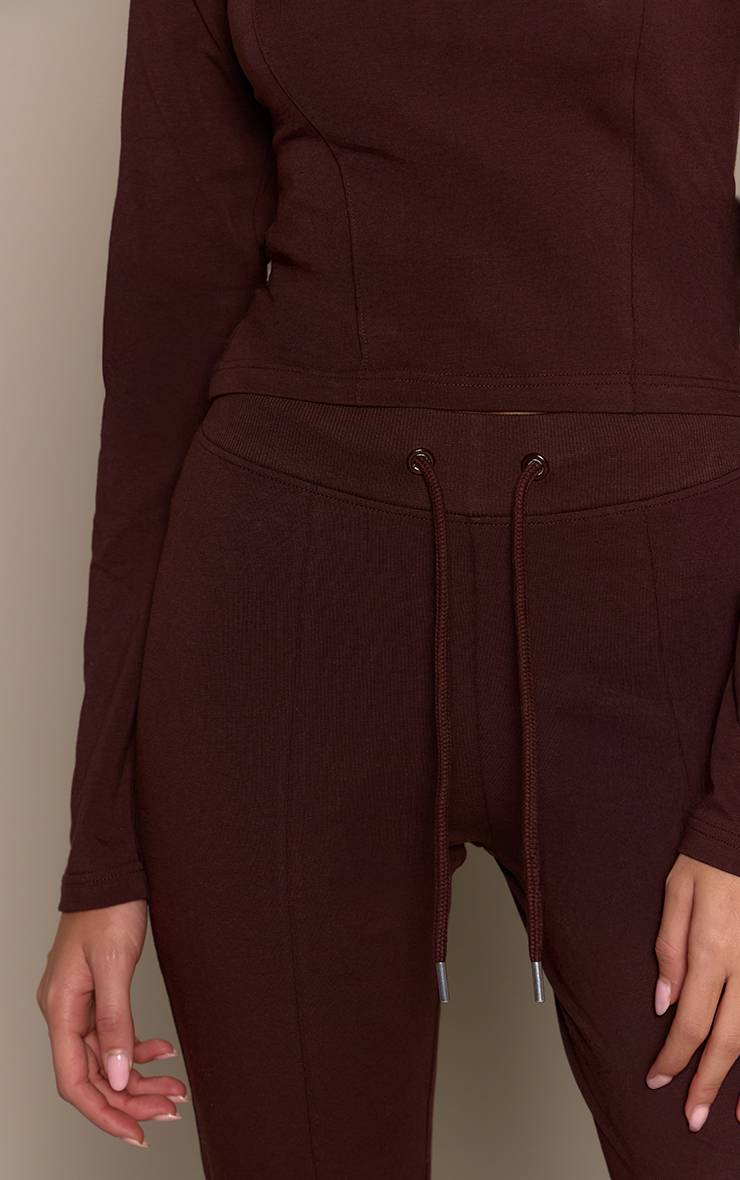 Marron Foncé Pantalon Évasé Skinny Taille Mi-haute En Coton Avec Détails De Coutures Coordonné