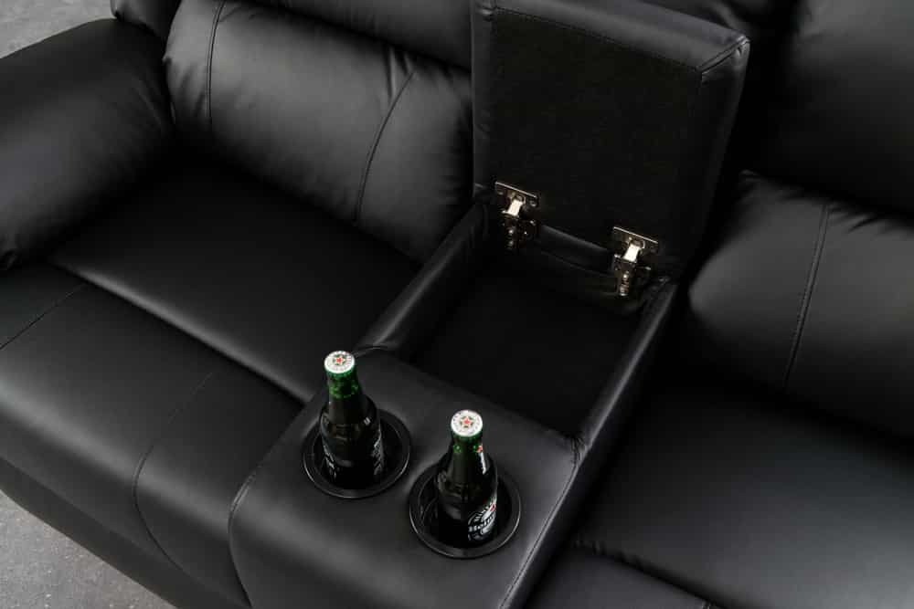 Exklusiver 2er Kinosessel HOLLYWOOD 190cm schwarz mit Liegefunktion und Getränkehalter