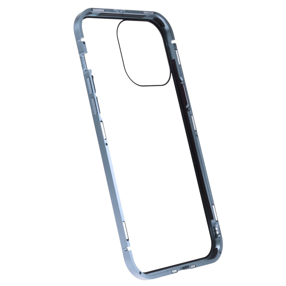 iPhone 14 Pro Magnetische Alu Schutzhülle mit Panzer Glas Backcover   Privacy Glas Displayschutz (Magnet-Technologie) - Hellblau