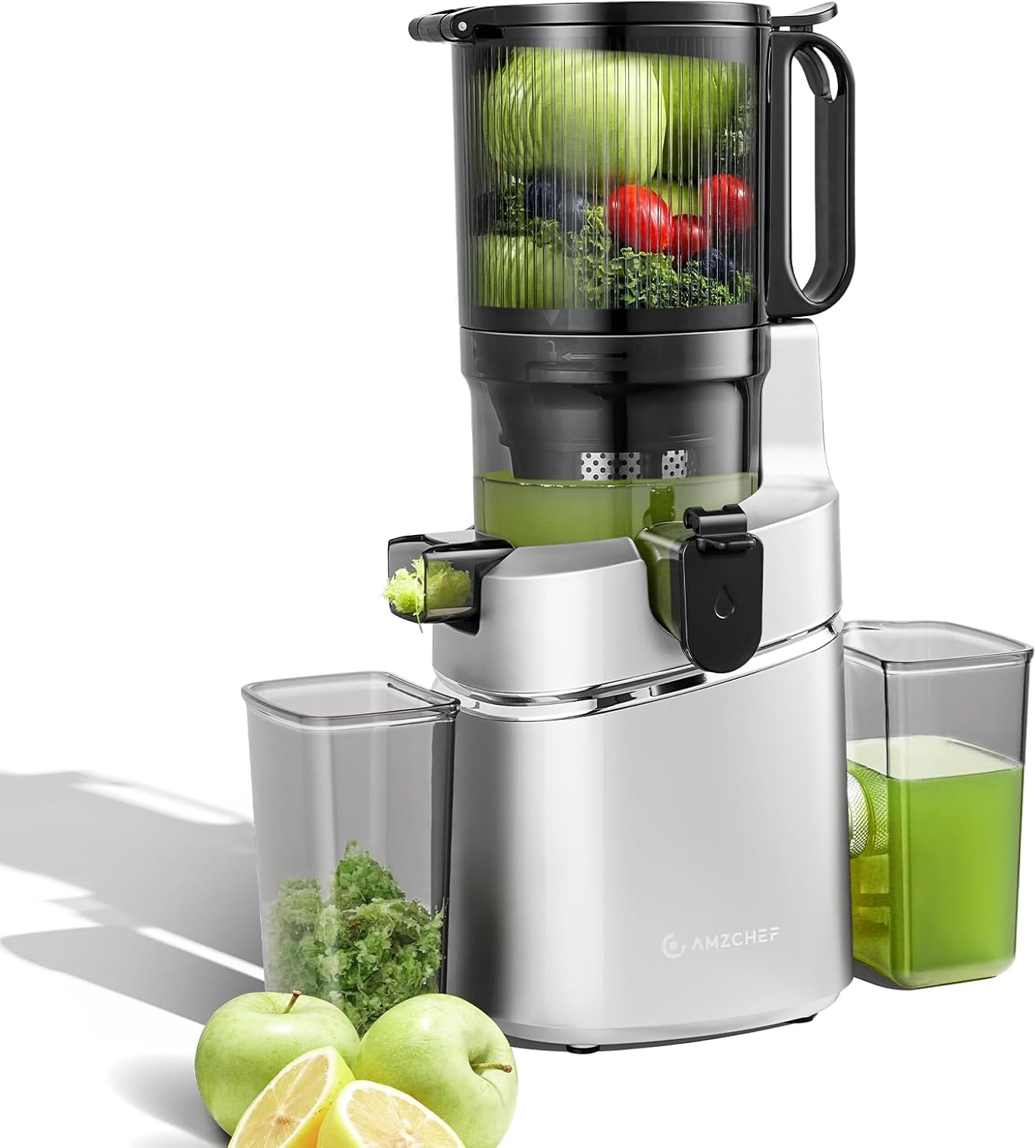 AMZCHEF 250W Automatischer All-In-One entsafter, 145MM Öffnung und 2L entsafter für Gemüse und Obst, Slow Juicer Testsieger mit Dreifachem Filter - Silber