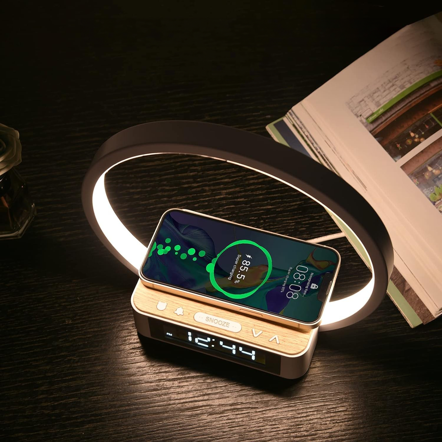 (10W) 3in1 Qi Wireless Charger Induktionsladegerät Ladestation mit LED Ringlicht   Wecker - Weiss
