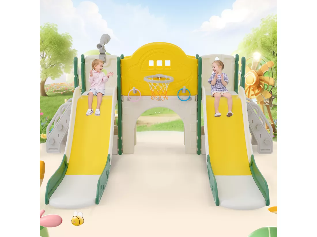 Aire de jeux pour enfants 8 en 1 avec toboggan, mur d'escalade, jeu de trous de forage, vert