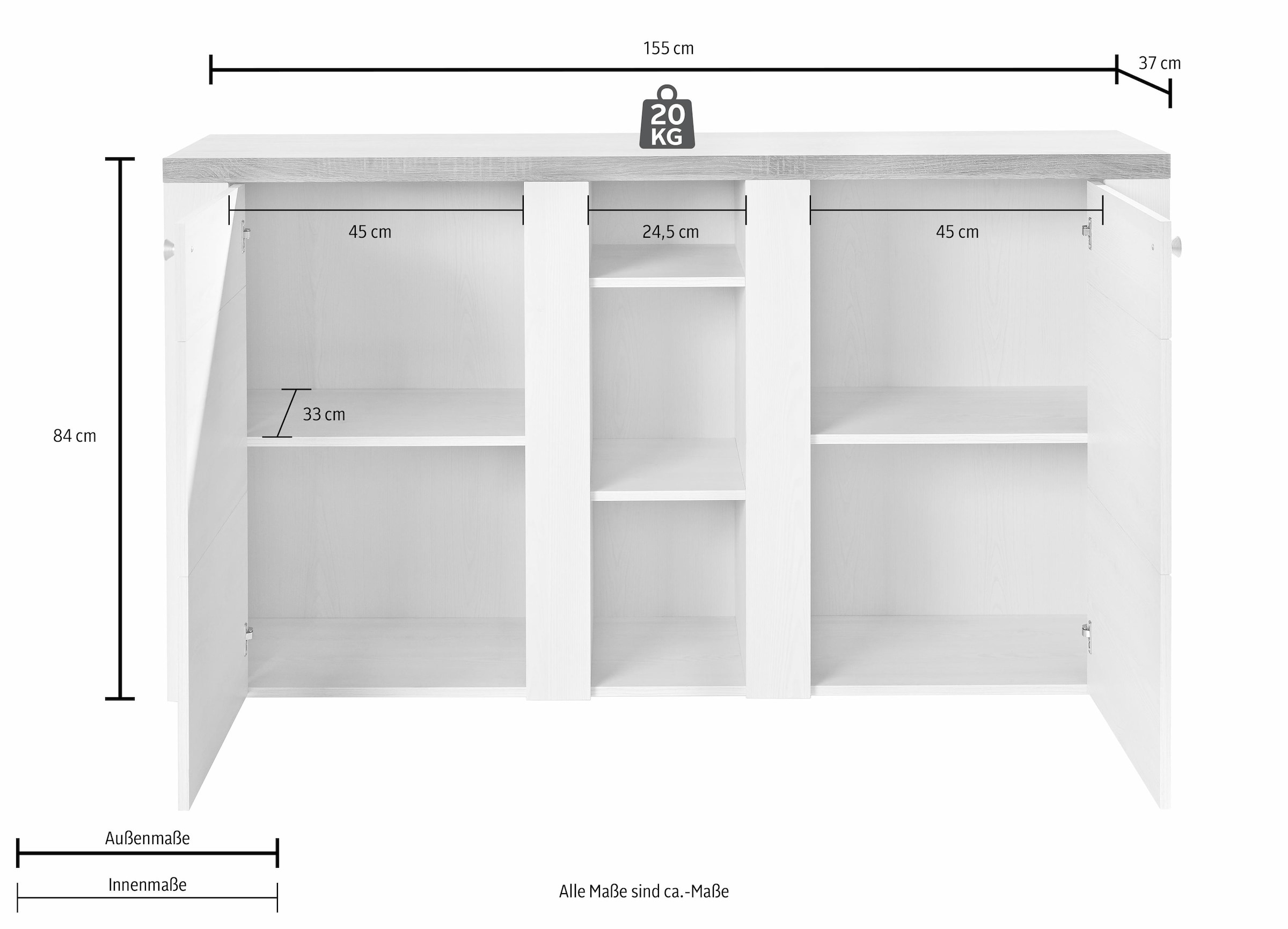 Home affaire Sideboard »Larona, zeitlose Kommode mit 2 Türen, Türkommode, Breite 155 cm,« Höhe 84 cm, viel Stauraum, Anrichte mit dekorativer Rahmenoptik