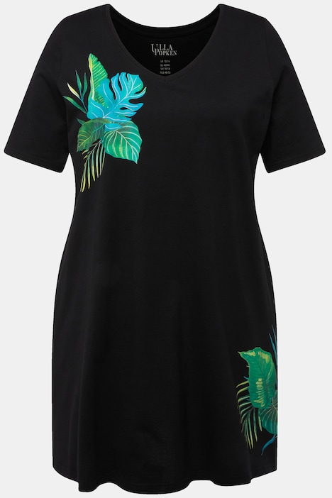 Longshirt, Blätter, A-Linie, V-Ausschnitt, Halbarm