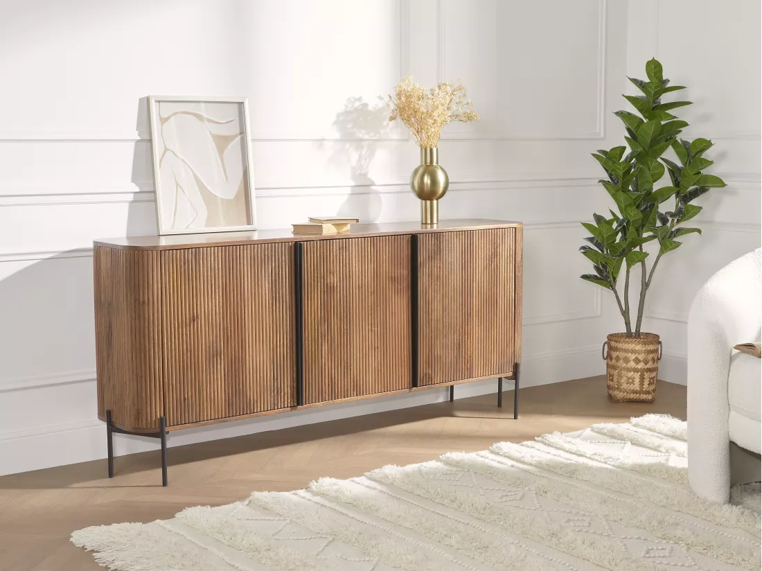 Buffet avec 3 portes en bois de manguier et métal - Naturel et noir - BALIMELA