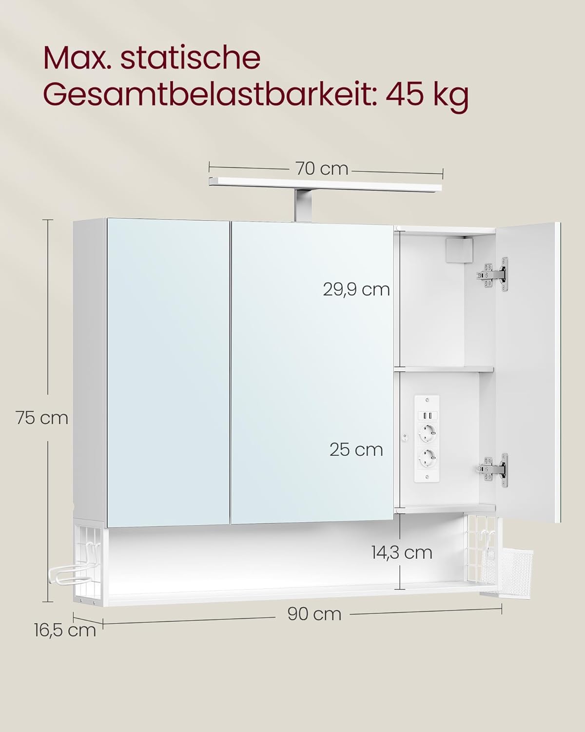 VASAGLE Spiegelschrank Bad mit Beleuchtung, 16,5 x 90 x 75 cm, Steckdosen, Hängekorb, Haartrockner-Halter, Spiegelschrank, Badschrank, Wandschrank, für Badezimmer, wolkenweiß BBK136W01
