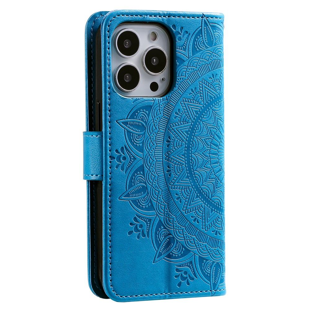 iPhone 15 Pro Max Leder Tasche Wallet - Mandala Flowers Imprint - Blau