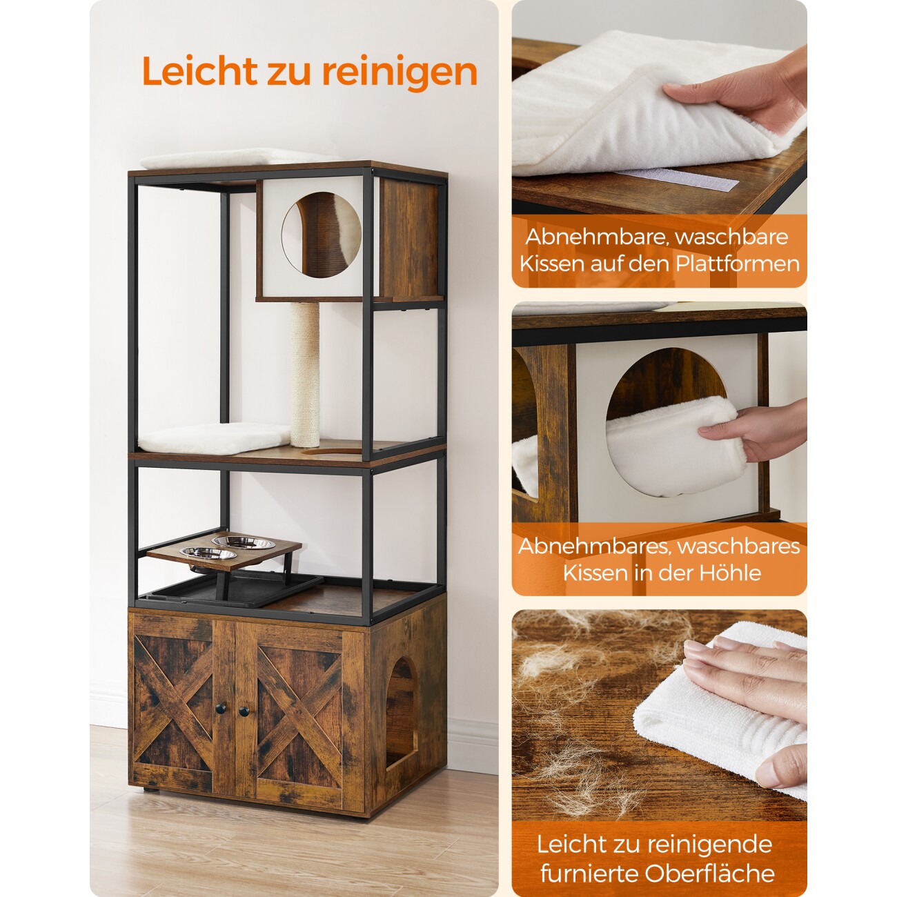 FEANDREA  Kratzbaum 3-in-1 mit erhöhter Napfständer braun