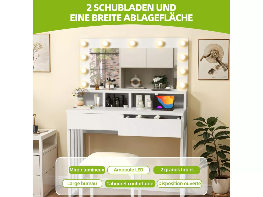 YITAHOME Coiffeuse avec Éclairage Coiffeuse avec Miroir et Taburet - Coiffeuse avec 2 Tiroirs - Blanche