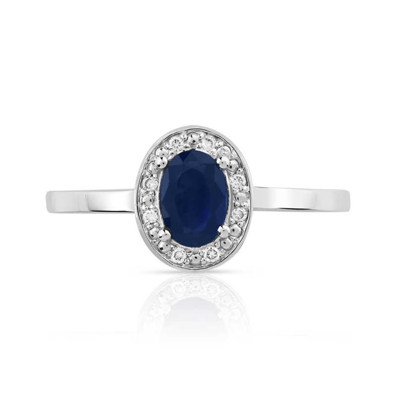 Bague or 375 blanc saphir ovale et diamants