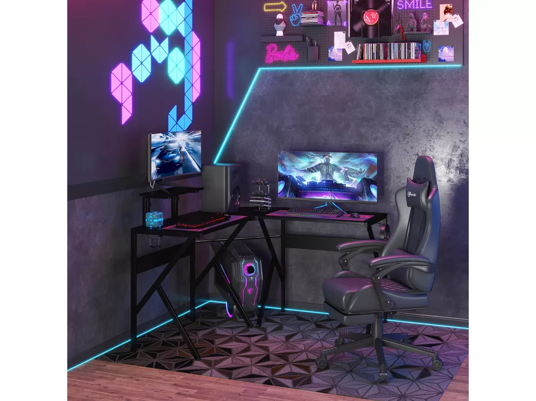 Bureau gaming d'angle bureau gamer bureau informatique bracket casque porte-gobelet étagère écran réglable métal panneaux texture carbone noir
