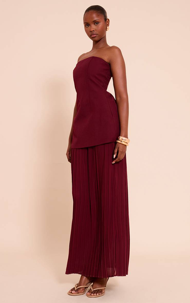 Rouge Bordeaux Robe Maxi Bandeau À Jupe Plissée En Mousseline Avec Panneaux