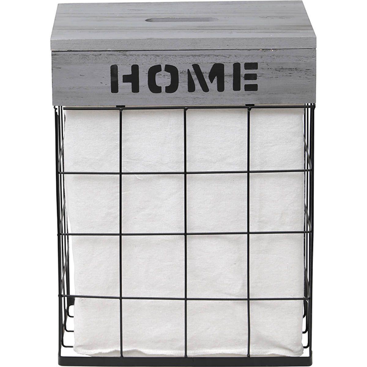 PANIERE A LINGE RECTANGULE BOIS METAL MM HOME DECO GRIS