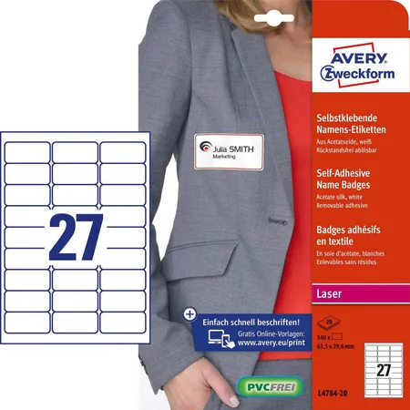 Avery Zweckform L4784-20 Namensetiketten, 63,5 x 29,6 mm, 120 g/m², 20 Bogen/540 Etiketten, weiß