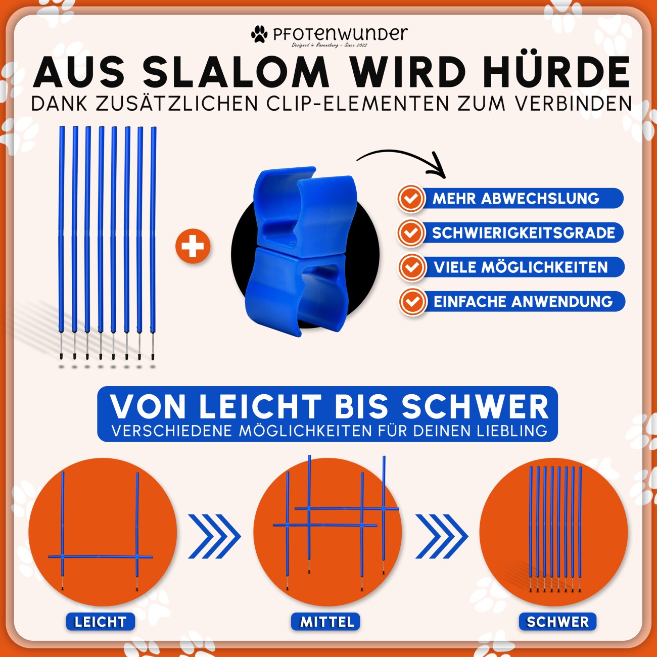 PfotenWunder® XXL-Profi-Agility Set Hunde Groß + 3 M-Tunnel + 21 Min. HUNDESCHULE - 6 Slalomstangen, für kleine & große Hunde-Training Sport Cavaletti Parcour Steckhürdenset Zubehör Hürden