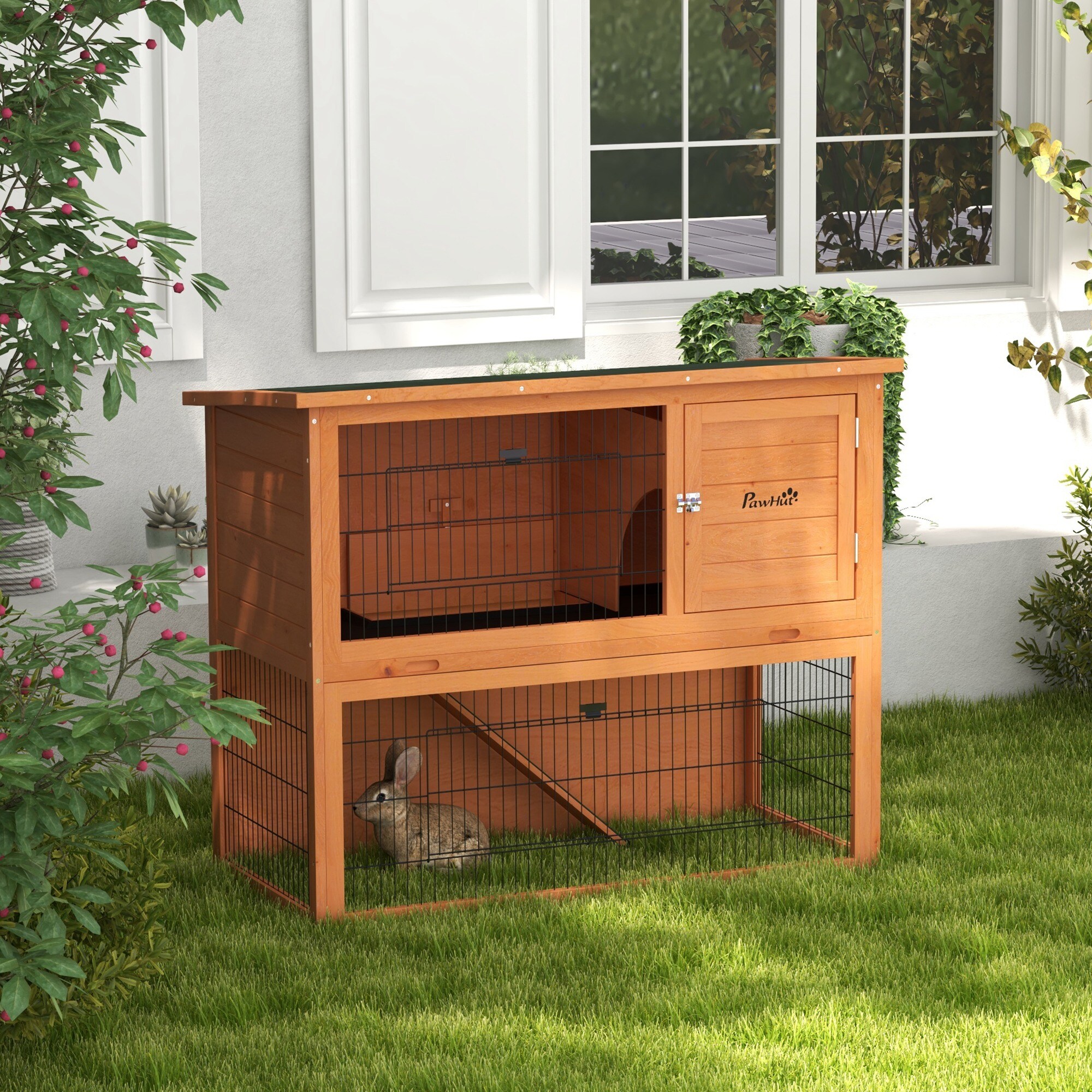 PawHut Kaninchenstall mit Rampe orange 123L x 62B x 102H cm