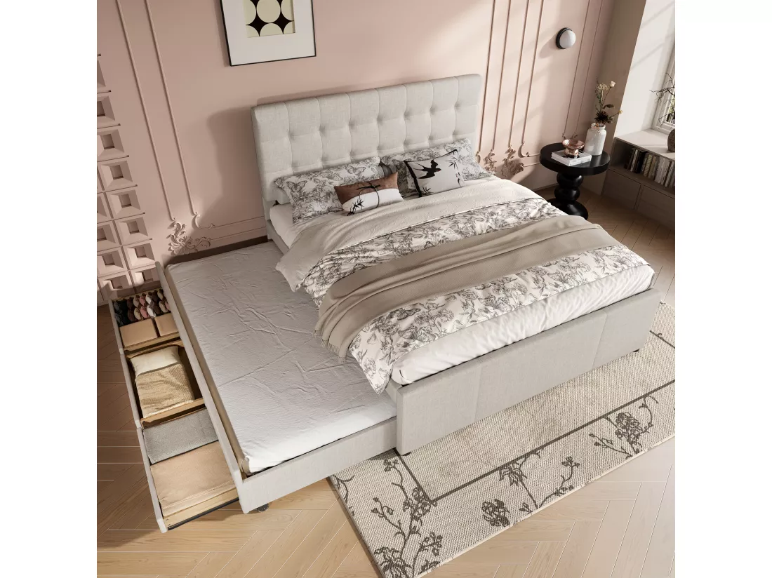 Lit rembbourré 140x200cm avec lit gigogne 90x190cm - en tissu lin - avec 3 tiroirs et sommier à lattes - Beige
