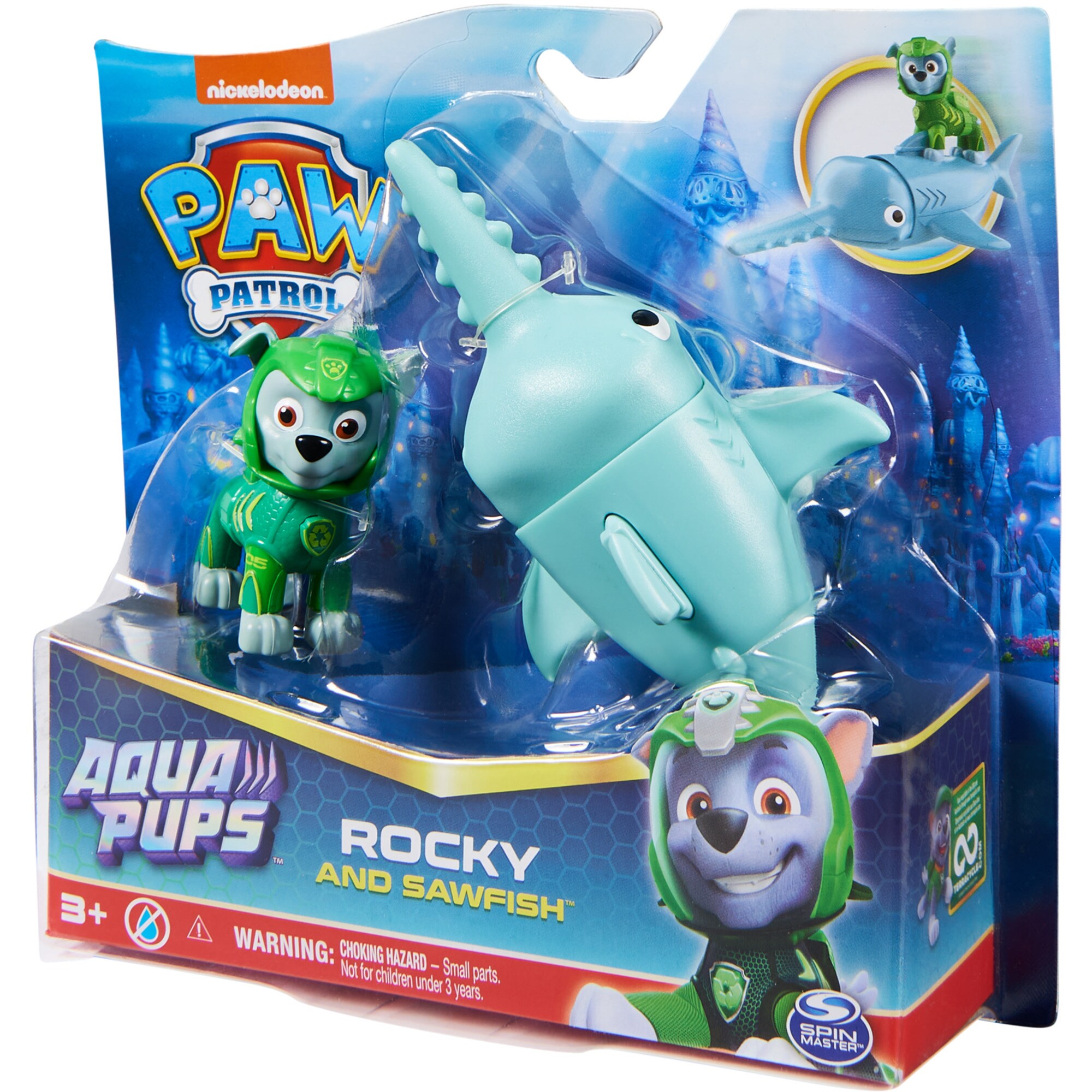 Spin Master Spielfigur Paw Patrol Aqua Pups - Hero Pups-Set mit Rocky-Welpenfigur und Sägefisch-Figur