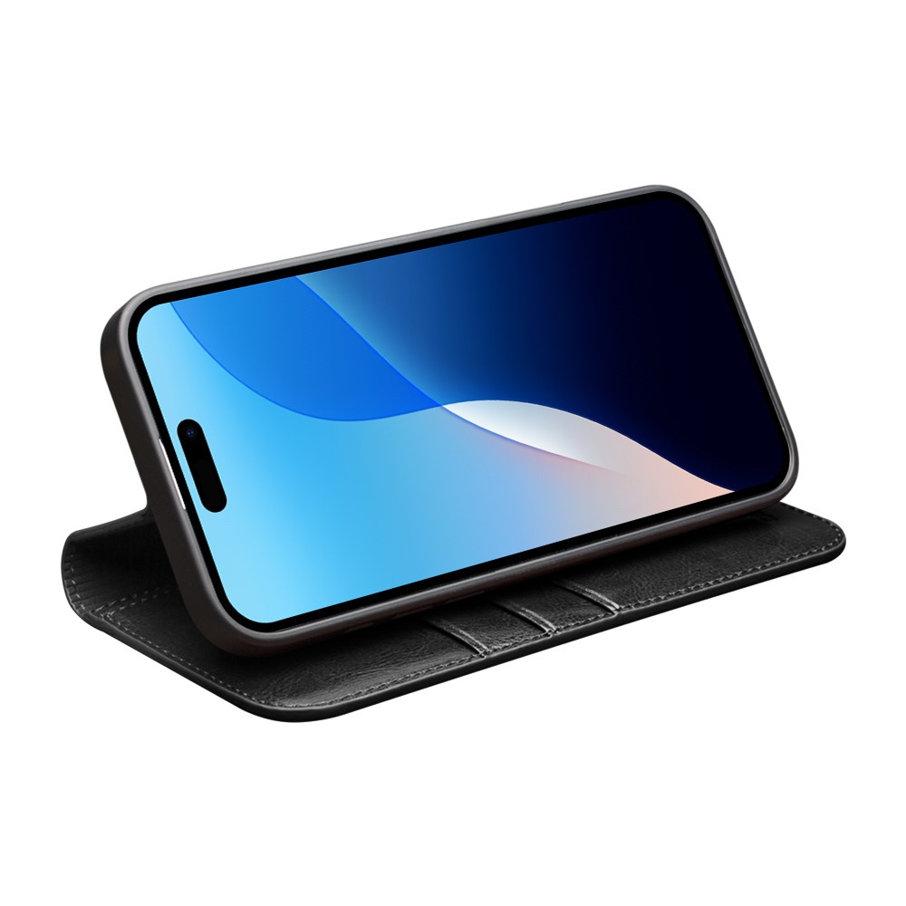 iPhone 16 Pro Max Echtleder Tasche Flip Wallet Cover mit Kartenfächer - Schwarz