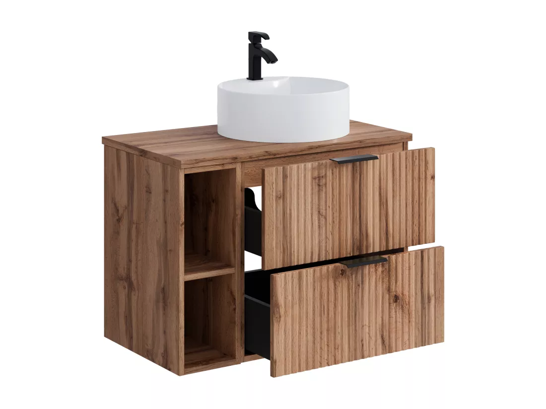 Meuble de salle de bain suspendu strié avec niches et vasque à poser ronde - Naturel clair - L80 cm - ZEVARA