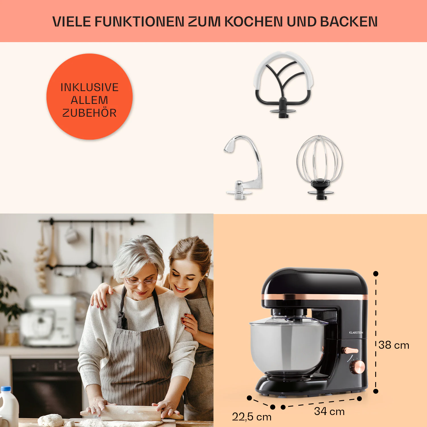 Bella Elegance Küchenmaschine 1800 W 2,7 PS 5,2 Ltr Edelstahl BPA-frei