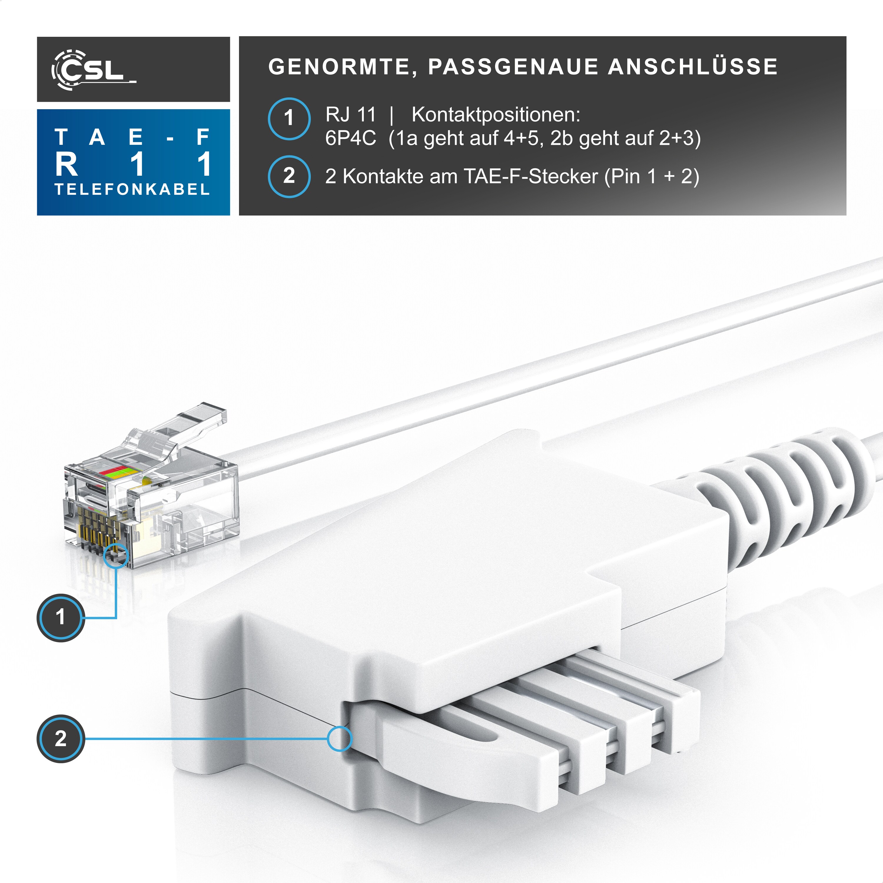 CSL - 15m Telefonkabel TAE-F Stecker auf RJ11 Stecker - Int. Norm 6P4C / 4-polig belegt - Flachkabel - TAE-F - weiß