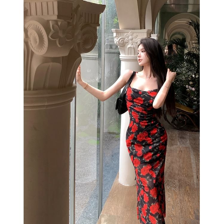 Flowerisque - Maxi-jurk met spaghettibandjes, bloemenprint en strikbandjes op de rug