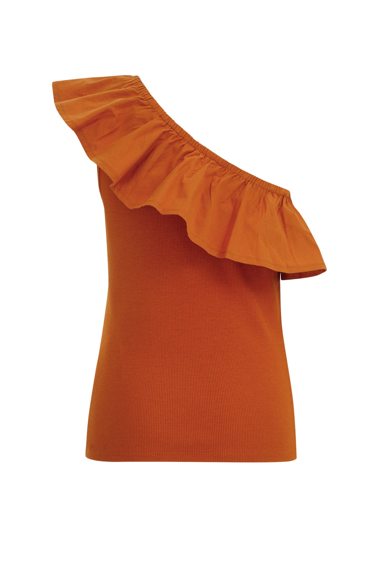 Meisjes one-shoulder top met ribstructuur WE Fashion Roestbruin