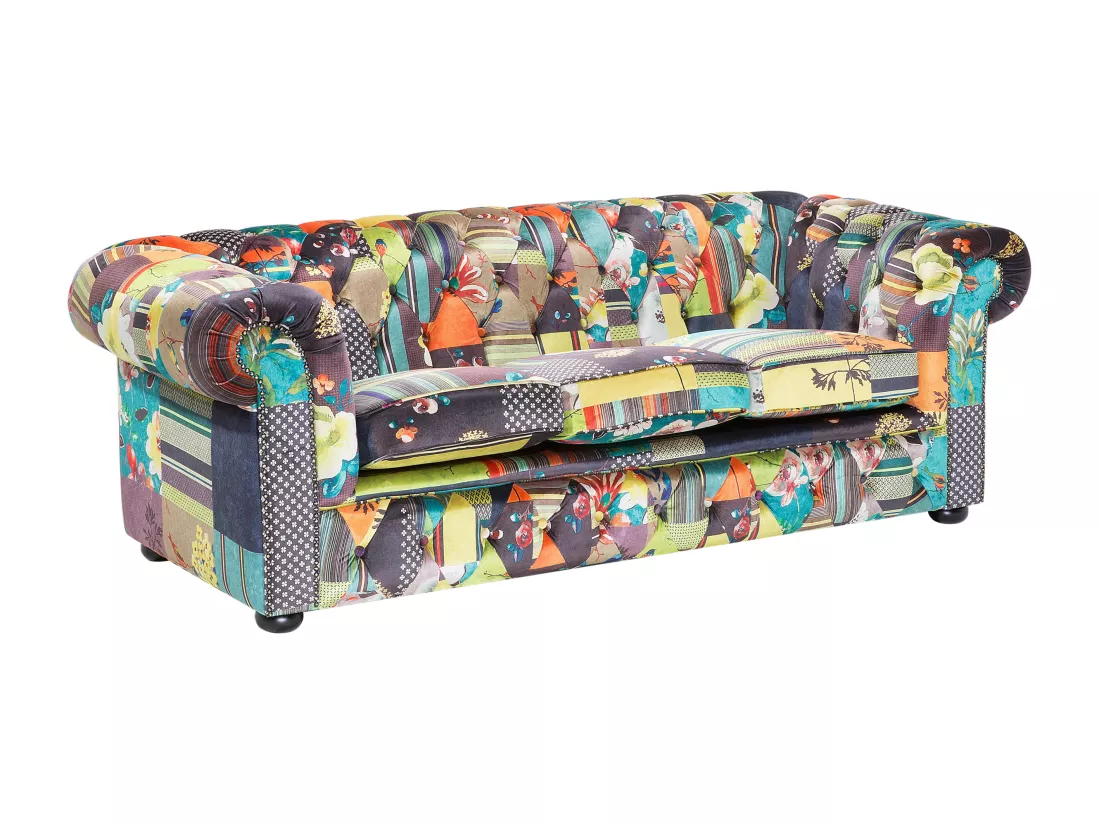 Canapé 3 places patchwork en tissu jaune et vert CHESTERFIELD